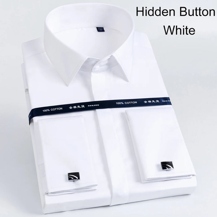 Luxury Mercerized Cotton French Cuff Button Shirts. Long Sleeve Men Tuxedo. Wedding Shirt High Quality Dress. Shirt with Cufflinks