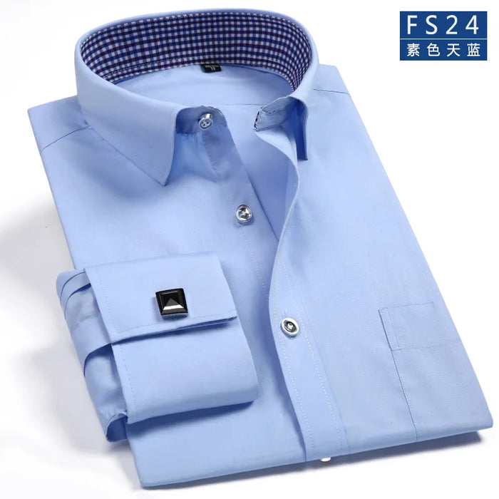 Men French Cuff Dress Shirt Cufflinks. New White Long Sleeve Casual Buttons. Male Brand Shirts Regular Fit Clothes.